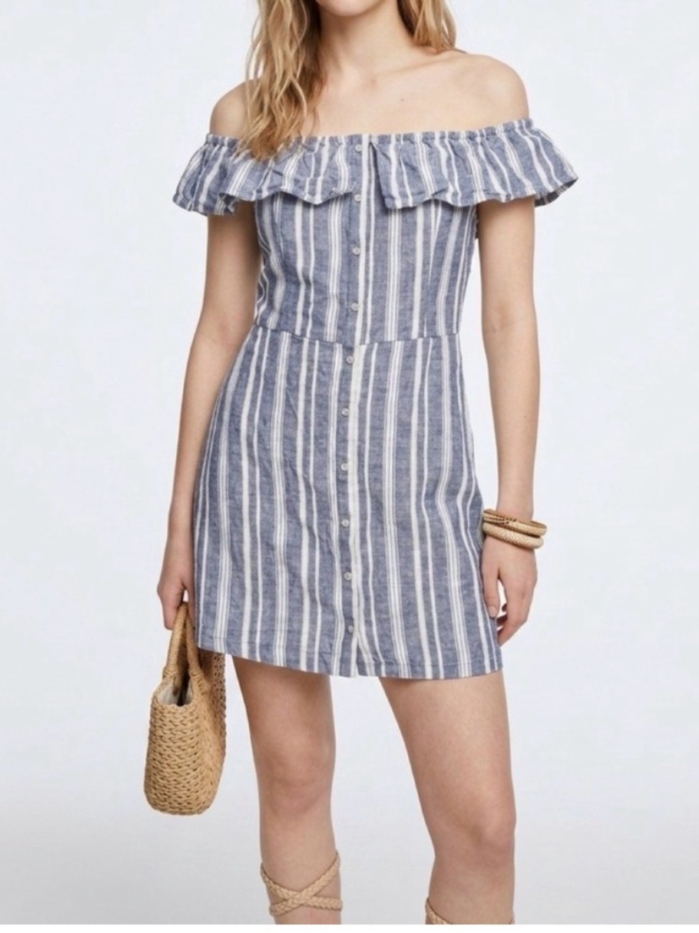 Hollister Ruffle Off Shoulder Strapless Linen Blend Striped Mini Dress SZ S